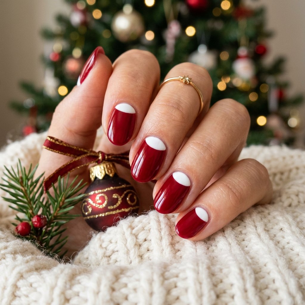 35 Red and White Christmas Nails Ideas to Inspire Your Holiday Look 21 Red and White Half Moon Nails