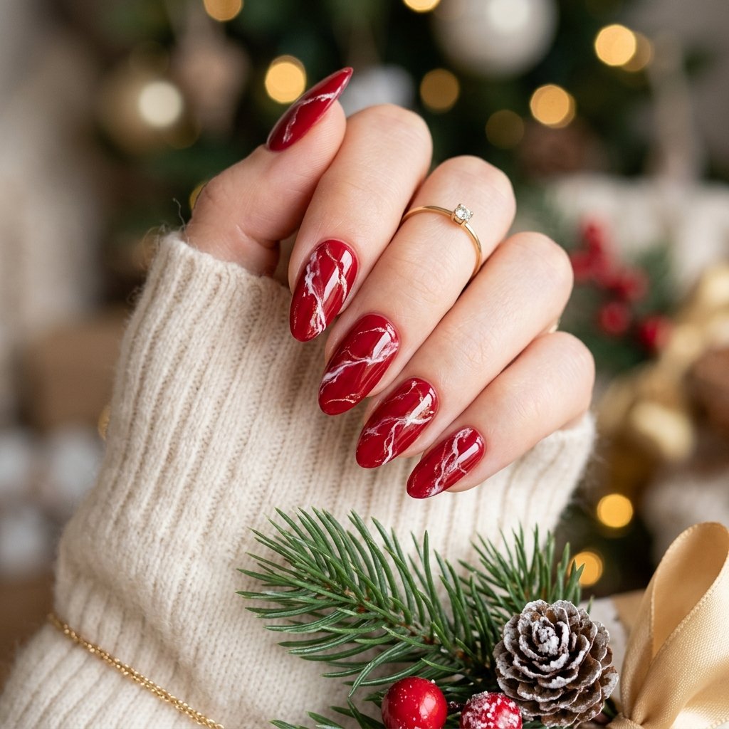 35 Red and White Christmas Nails Ideas to Inspire Your Holiday Look 13 Red and White Marble Christmas Nails