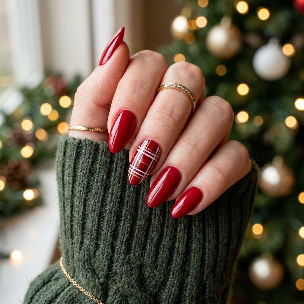 35 Red and White Christmas Nails Ideas to Inspire Your Holiday Look 20 Red and White Plaid Accent Nail
