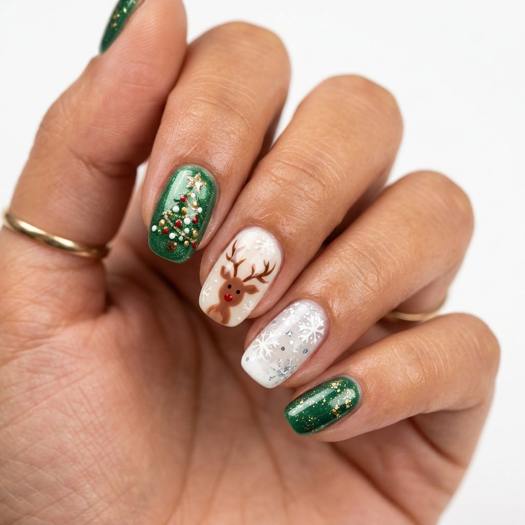25 Reindeer Nails Ideas That Will Make Your Holiday Manicure Truly Magical 24 Reindeer and Christmas Tree Nail Designs