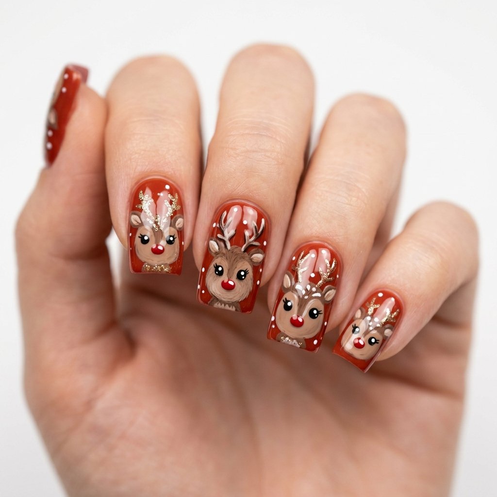 25 Reindeer Nails Ideas That Will Make Your Holiday Manicure Truly Magical 13 Reindeer Face Nail Designs