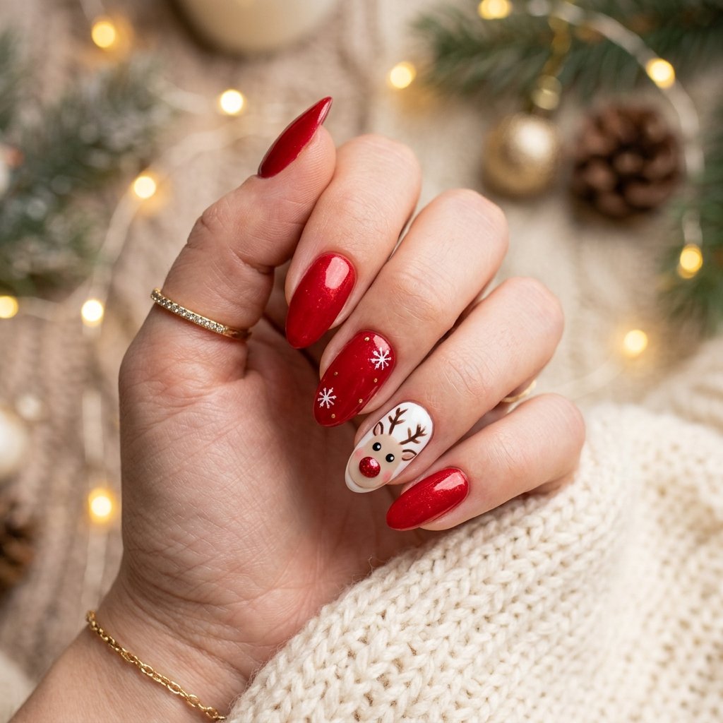 35 Red and White Christmas Nails Ideas to Inspire Your Holiday Look 14 Reindeer Nail Art in Red and White
