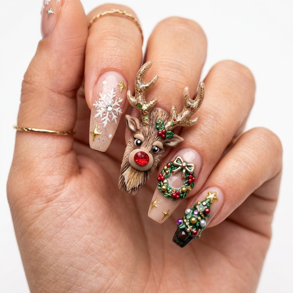 25 Reindeer Nails Ideas That Will Make Your Holiday Manicure Truly Magical 21 3D Reindeer Nail Art Ideas
