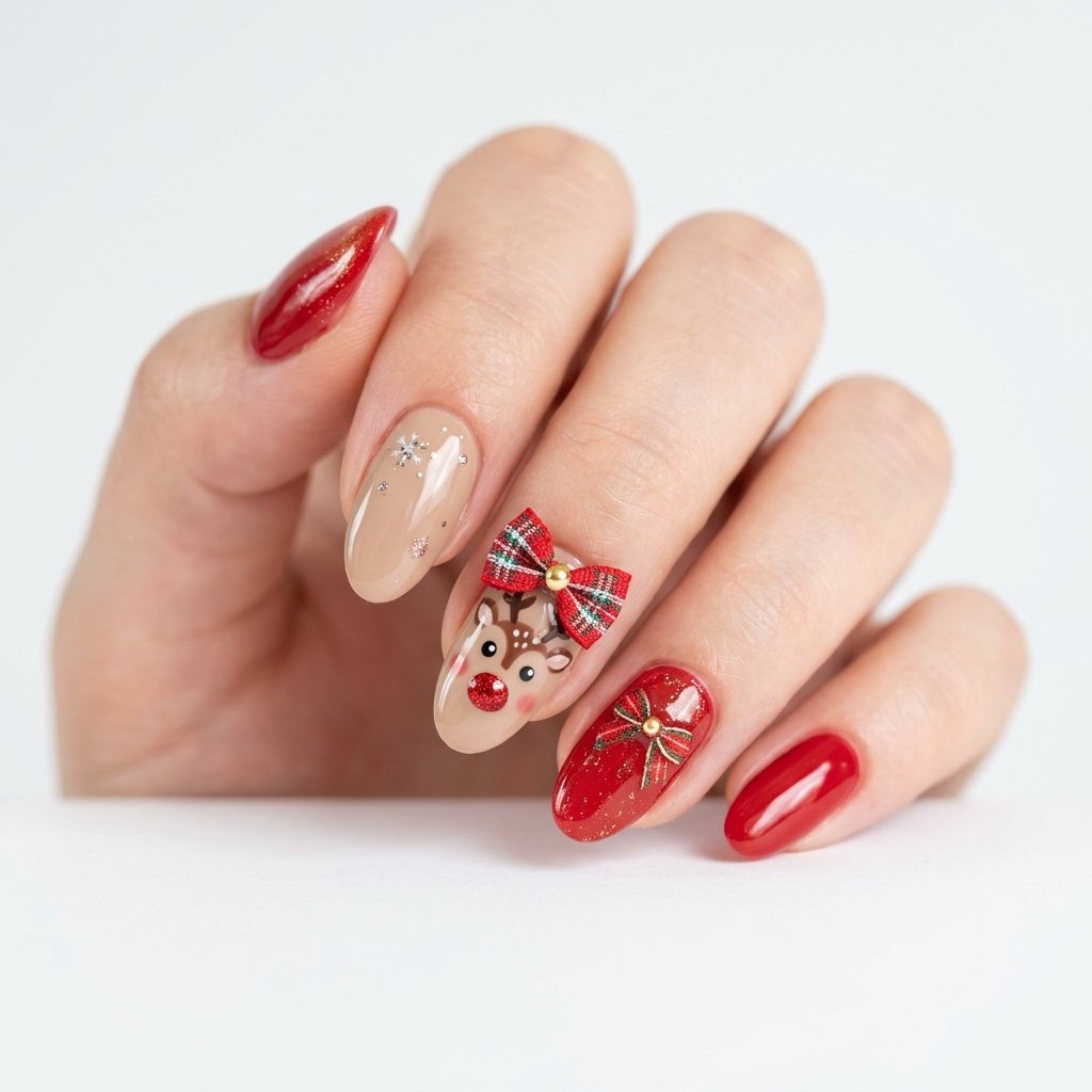 25 Reindeer Nails Ideas That Will Make Your Holiday Manicure Truly Magical 19 Cute Reindeer with Bow Accent Nails