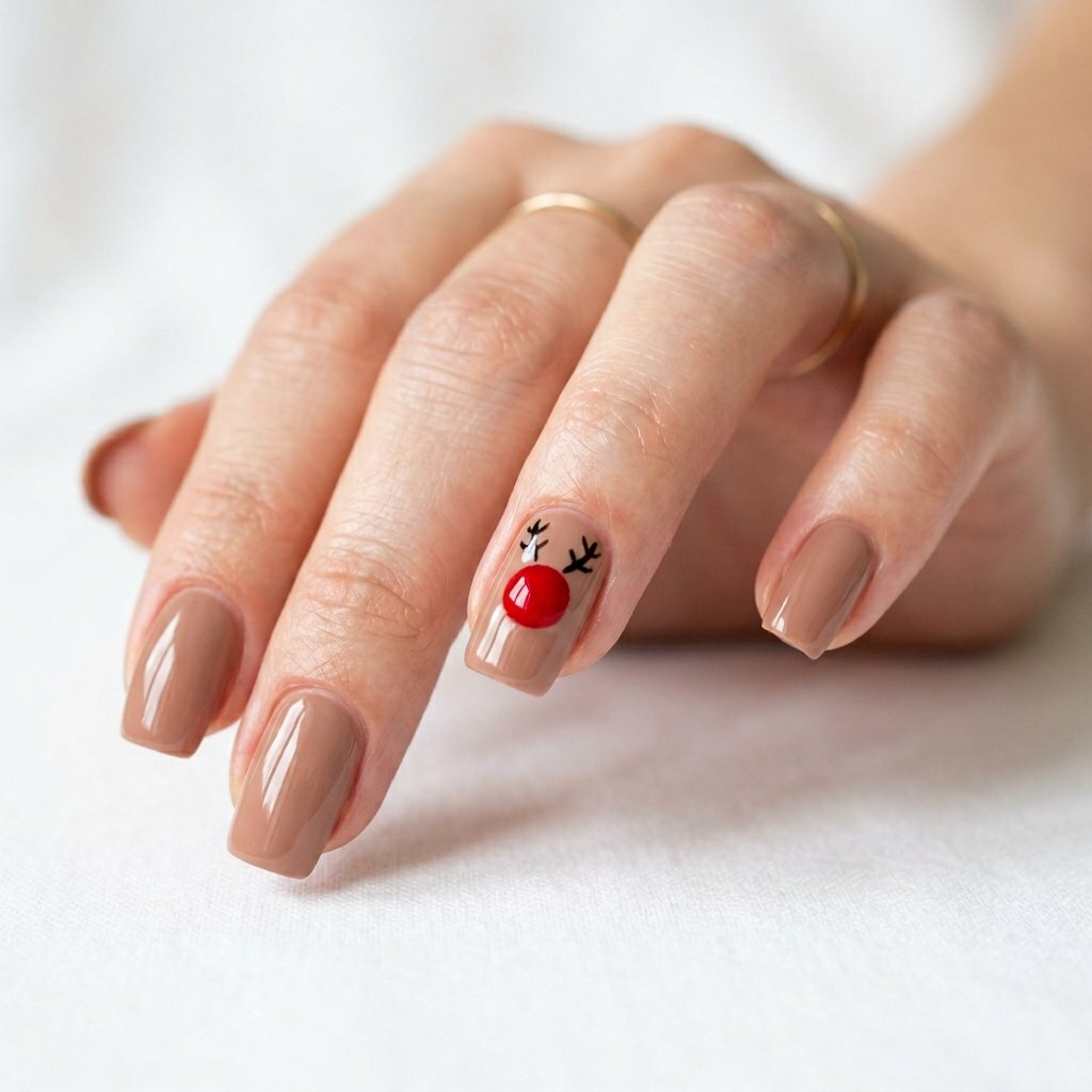 25 Reindeer Nails Ideas That Will Make Your Holiday Manicure Truly Magical 11 Reindeer Nose Accent Nail Ideas