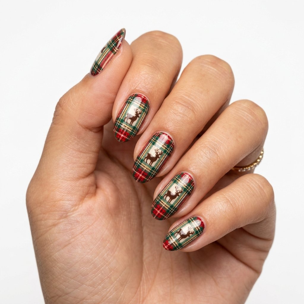 25 Reindeer Nails Ideas That Will Make Your Holiday Manicure Truly Magical 22 Reindeer Plaid Pattern Nail Designs