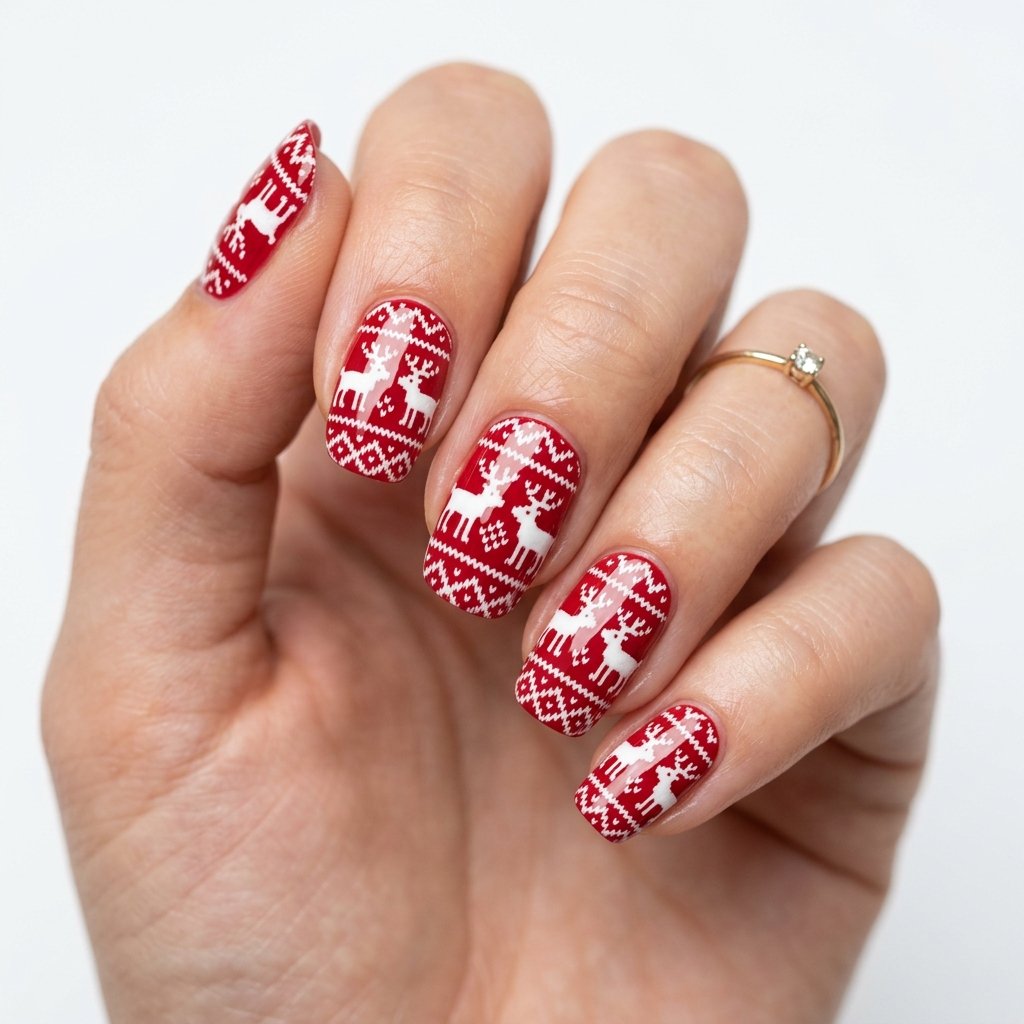 25 Reindeer Nails Ideas That Will Make Your Holiday Manicure Truly Magical 10 Cozy Reindeer Sweater Pattern Nails