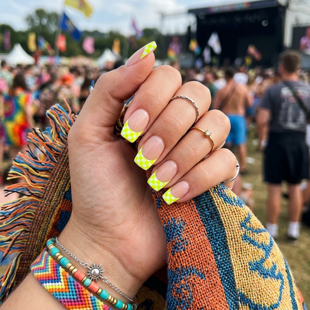 35 Fresh neon yellow nails Ideas for Your Summer Wardrobe 32 Retro Checkerboard Tips Idea