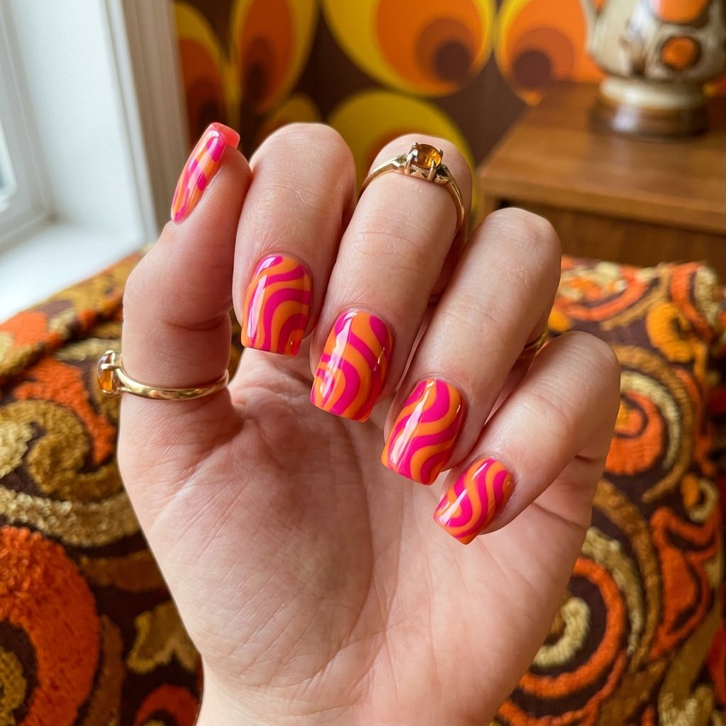 Retro groovy wave patterns nails 202605101022