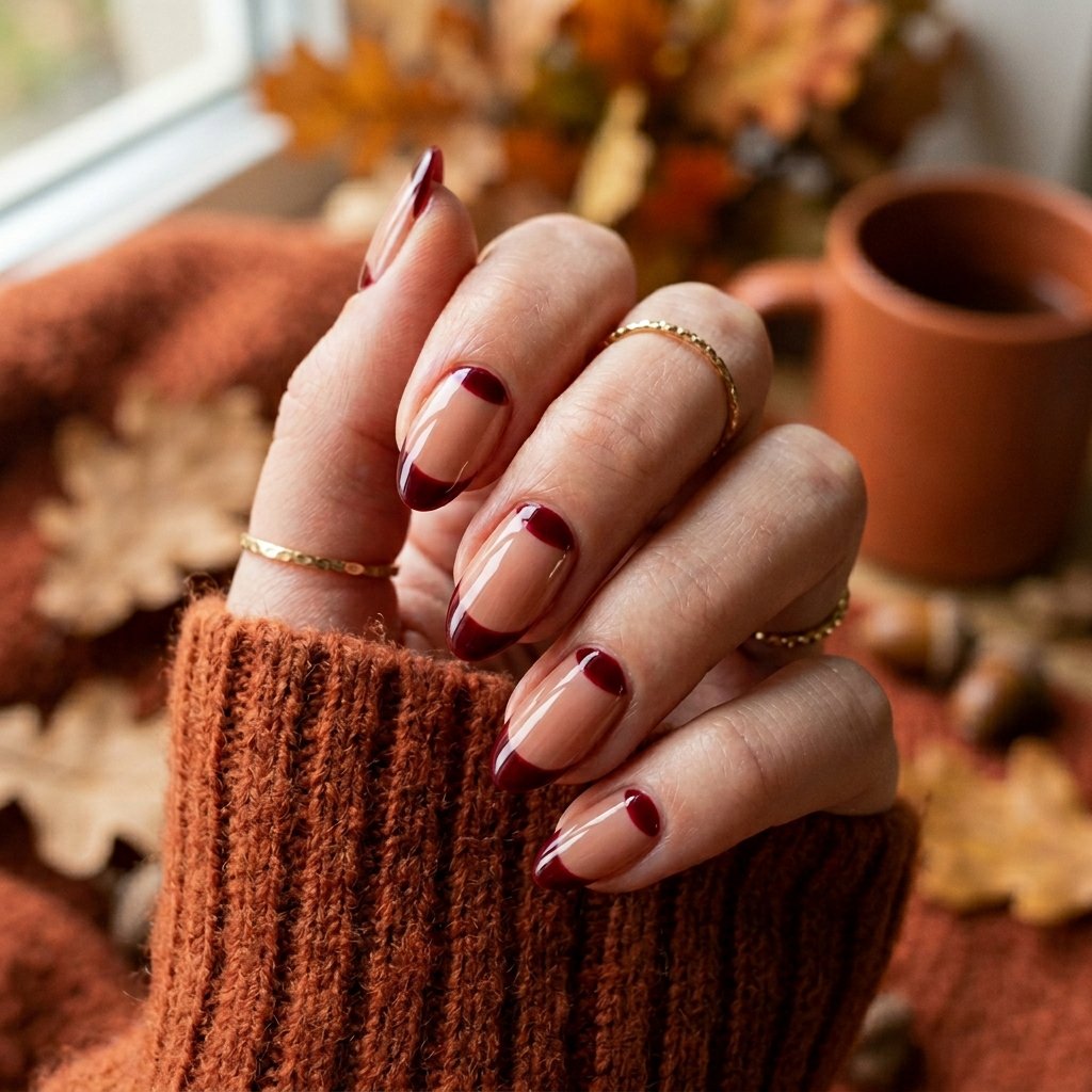 35 Fall French Tip Nails Ideas That Are Trending This Autumn Season 2026 18 Reverse French Tip Nails for Fall