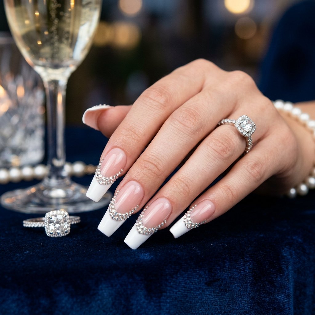 35 Trendy French Tip Coffin Nails Ideas That Elevate Your Style 18 Rhinestone Embellished French Tip Coffin Nails