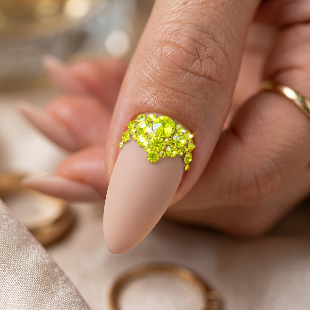 35 Fresh neon yellow nails Ideas for Your Summer Wardrobe 31 Rhinestone Clusters Nude Base Idea