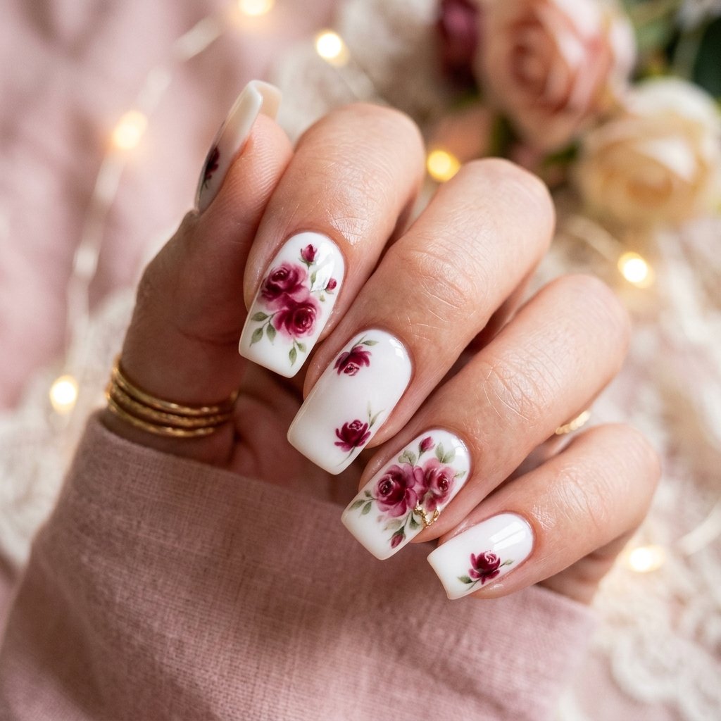 Rose graphics on white nails 202605100939