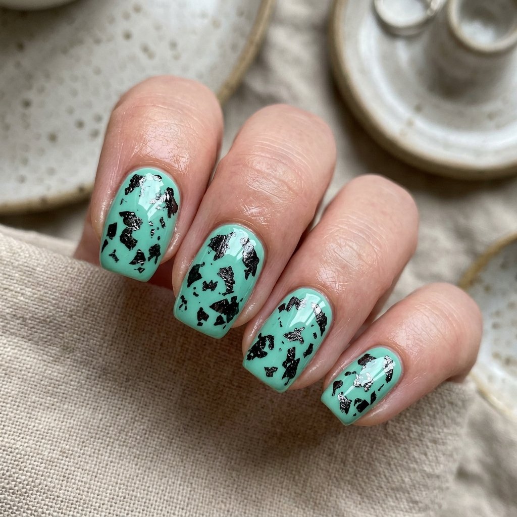 35 Black and Green Nails Ideas: Edgy & Elegant Designs 2026 20 Black Foil Flakes on Seafoam Green Base Idea