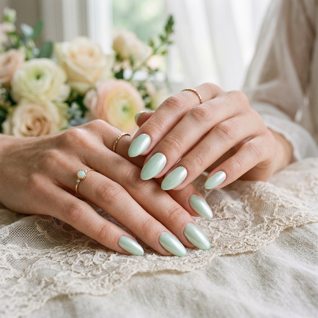 35 Fresh Green Almond Nails Ideas: Chic Trends to Love 34 Shimmering Green Almond Nails