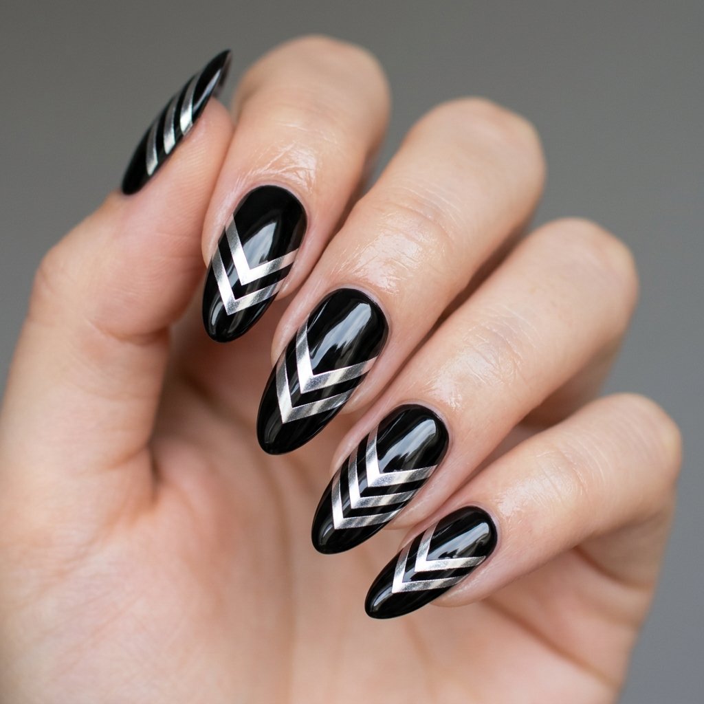Sharp Silver Chevron Patterns on Glossy Black