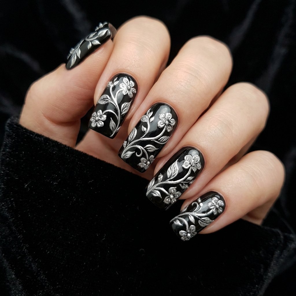 Ornate Silver Floral Vines on Dark Background