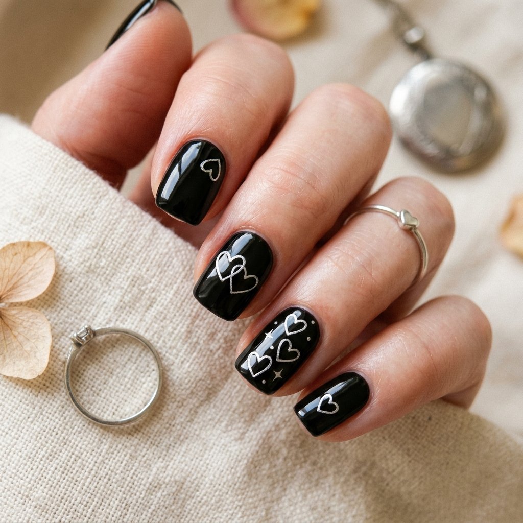 Dainty Silver Heart Outlines on Black