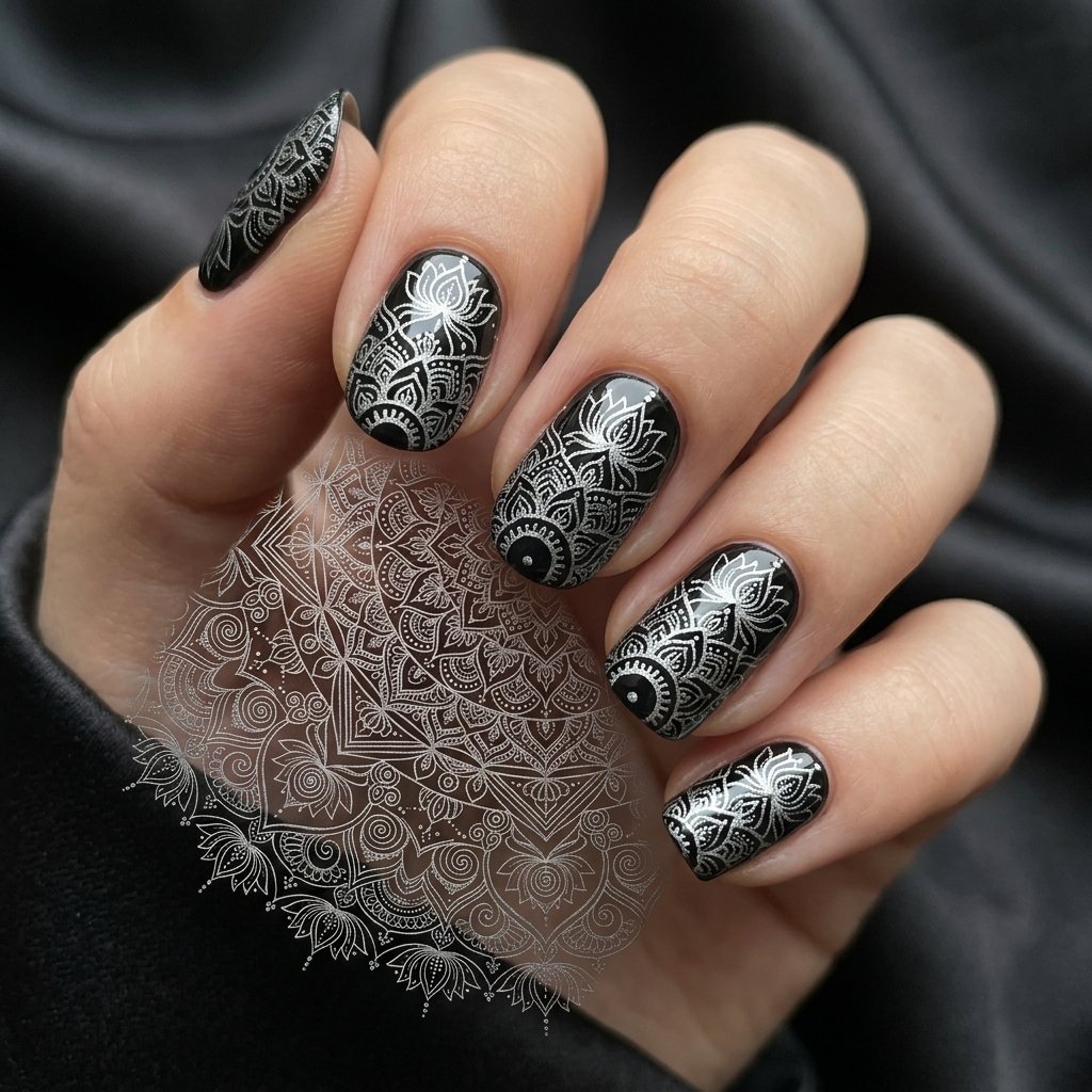 Intricate Silver Mandala Designs over Black