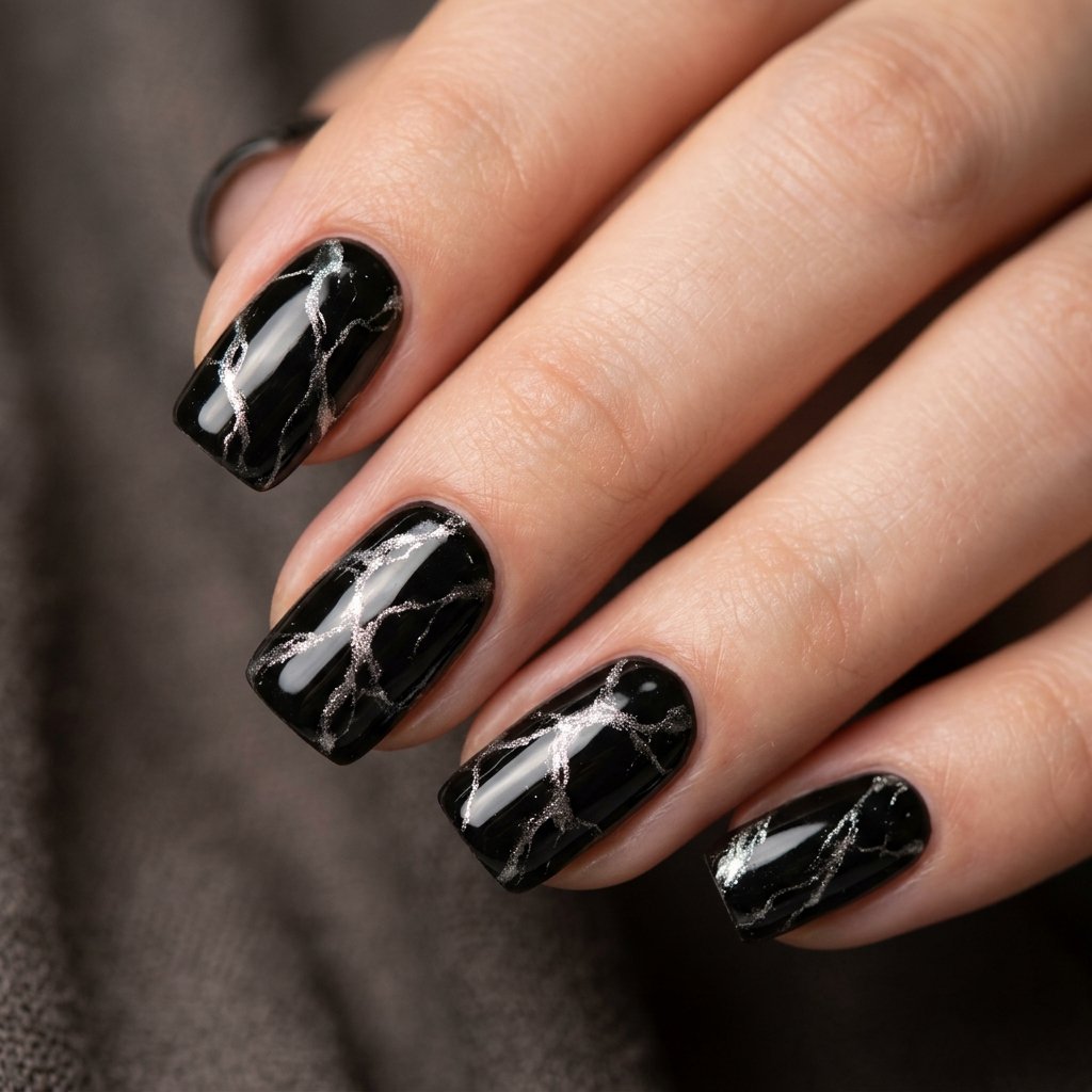 Elegant Silver Marble Veining on Black