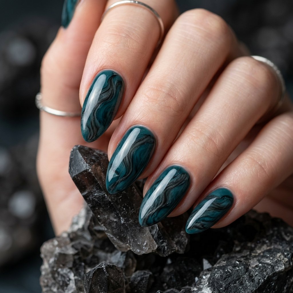 34 Best Dark Teal Nails Ideas: Elegant Colors to Try Now 7 Moody Charcoal Smoke Quartz and Teal Swirl
