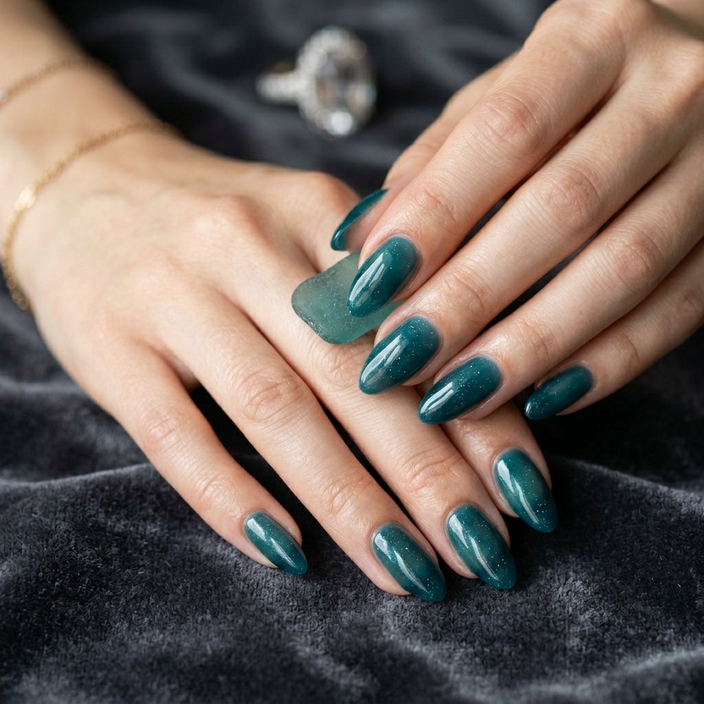 34 Best Dark Teal Nails Ideas: Elegant Colors to Try Now 19 Smokey Sea Glass Translucent