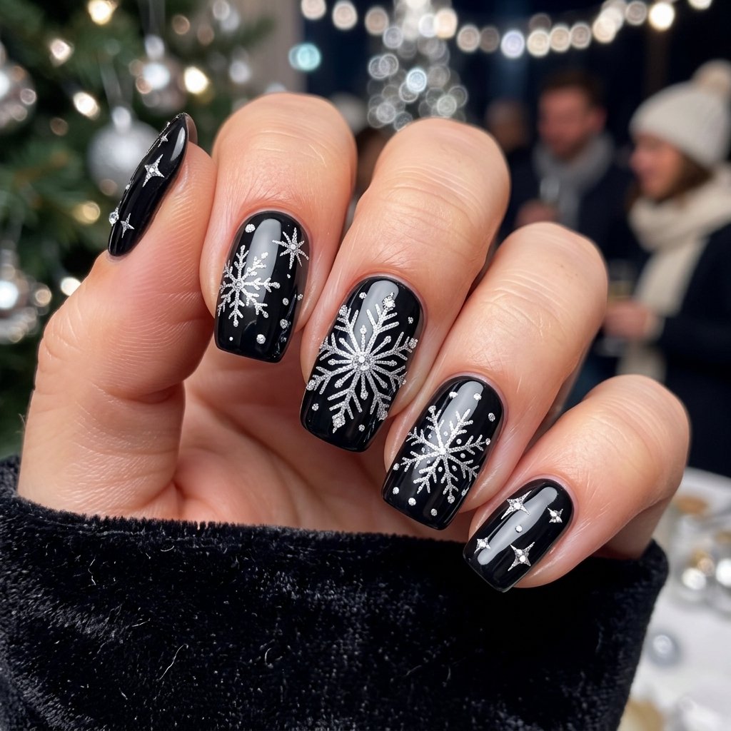 Whimsical Silver Snowflake Motifs on Black