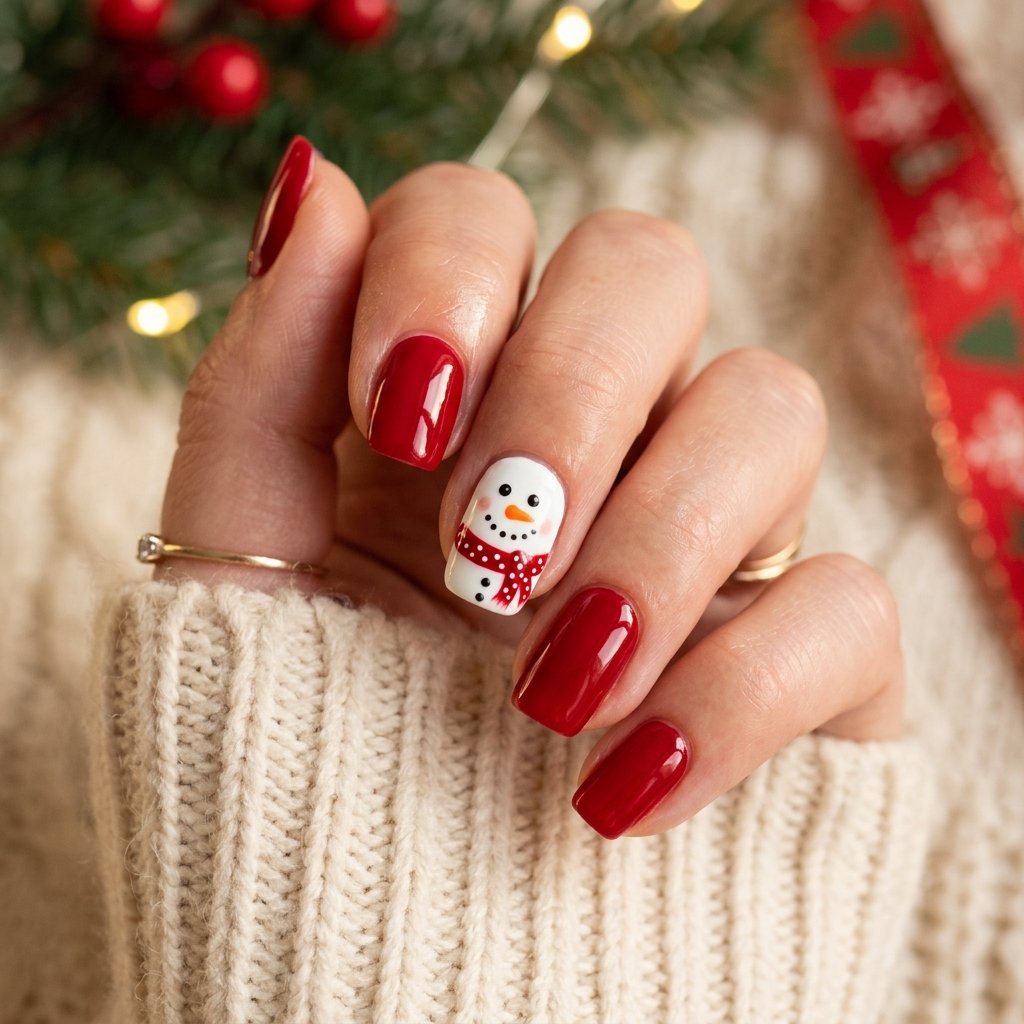 35 Red and White Christmas Nails Ideas to Inspire Your Holiday Look 16 Snowman Nail Art with Red Accents