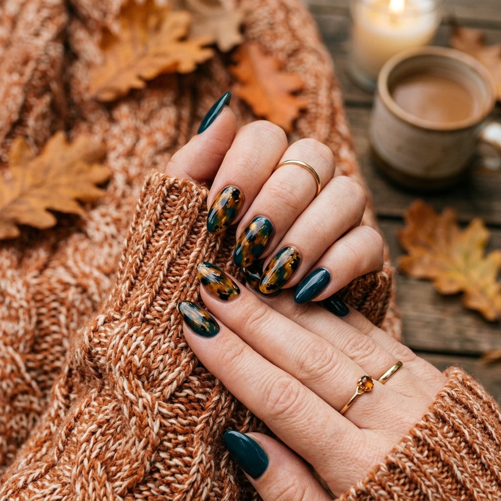 34 Best Dark Teal Nails Ideas: Elegant Colors to Try Now 34 Speckled Tortoiseshell Pattern Dark Teal Mix