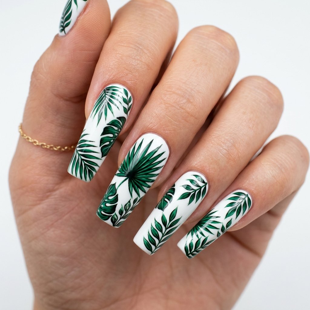 35 Best Green Summer Nails for a Bold Warm Season 2026 20 Palm Leaf Nail Art