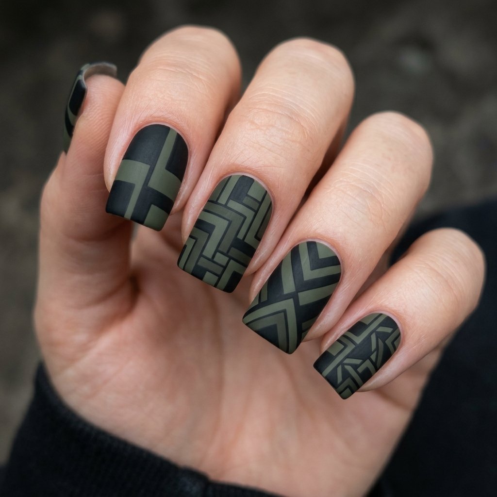 35 Black and Green Nails Ideas: Edgy & Elegant Designs 2026 6 Dark Olive and Black Geometric Pattern Idea