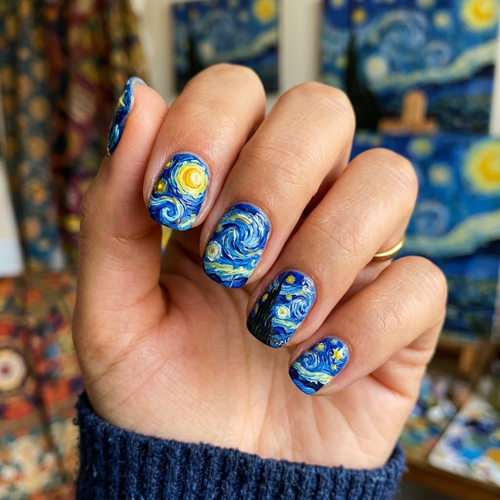 32 Galaxy Nails Ideas: Master the Aesthetic of the Cosmos 21 Starry Night Impressionist Design