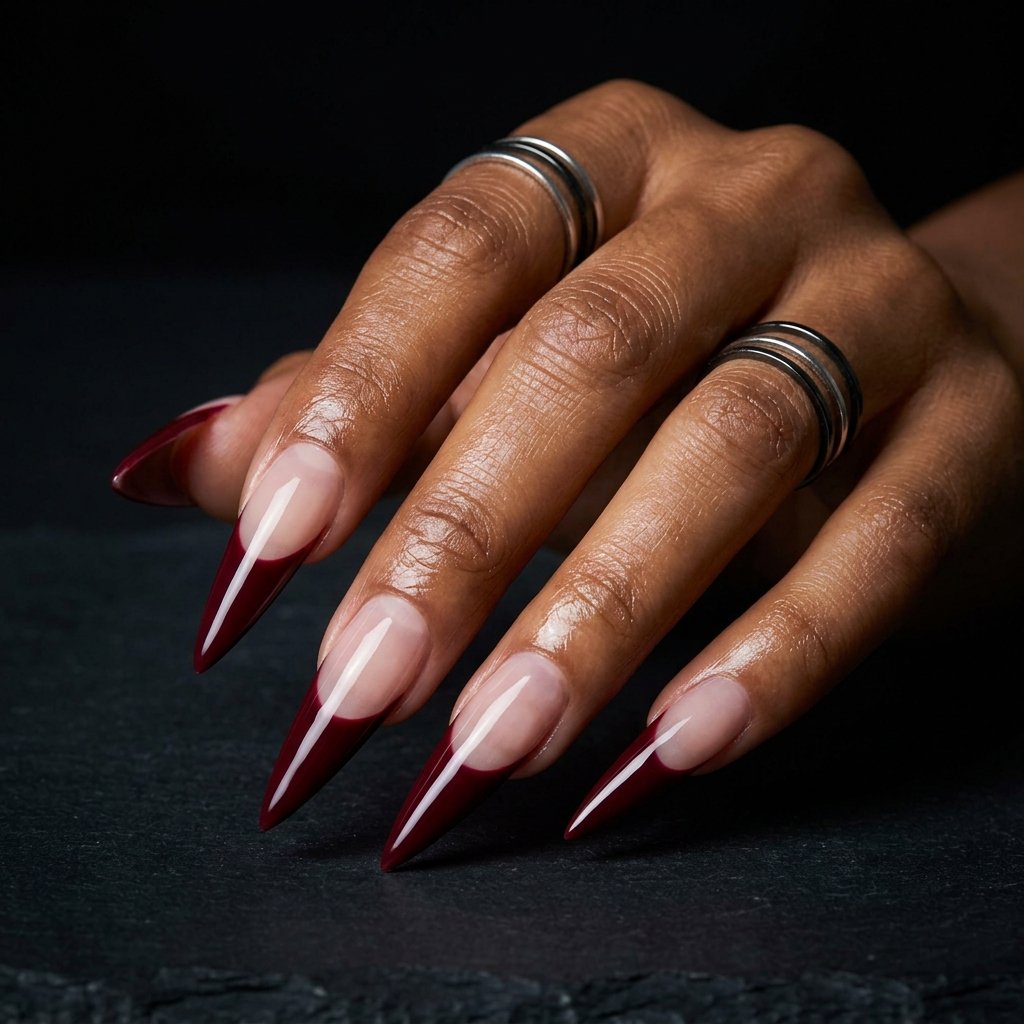Maroon French Tip Stiletto Nails