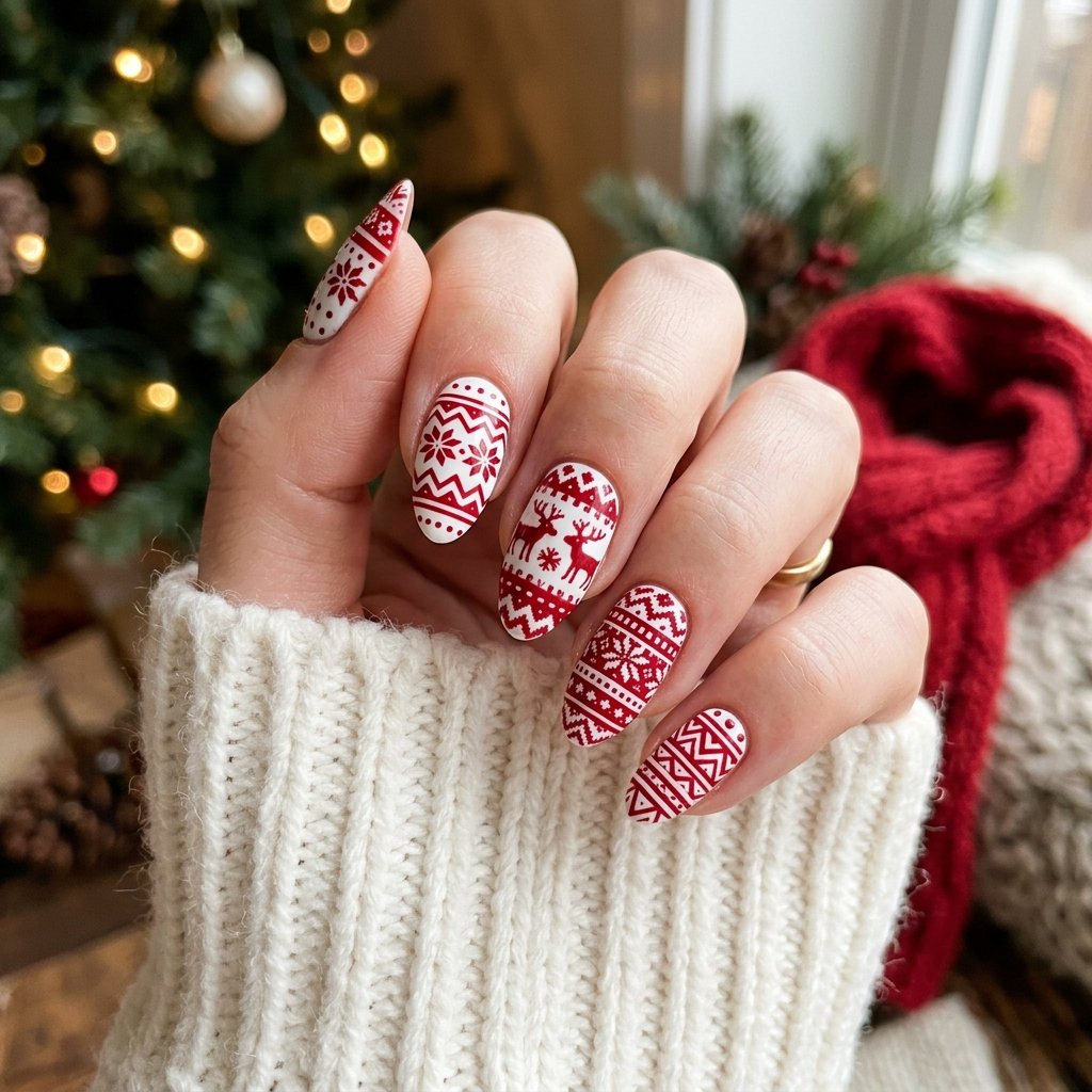 35 Red and White Christmas Nails Ideas to Inspire Your Holiday Look 15 Red and White Sweater Pattern Nails