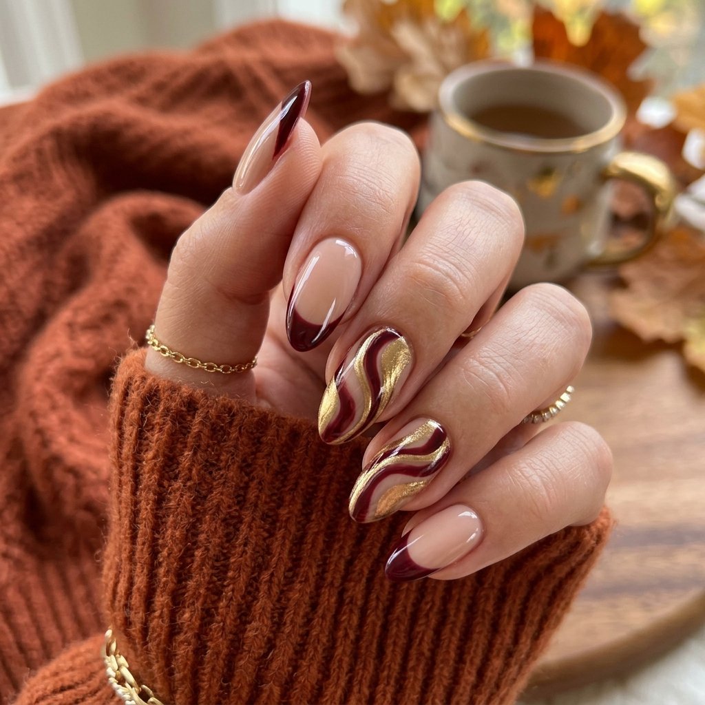 35 Fall French Tip Nails Ideas That Are Trending This Autumn Season 2026 32 Swirl Design Fall French Tip Nails