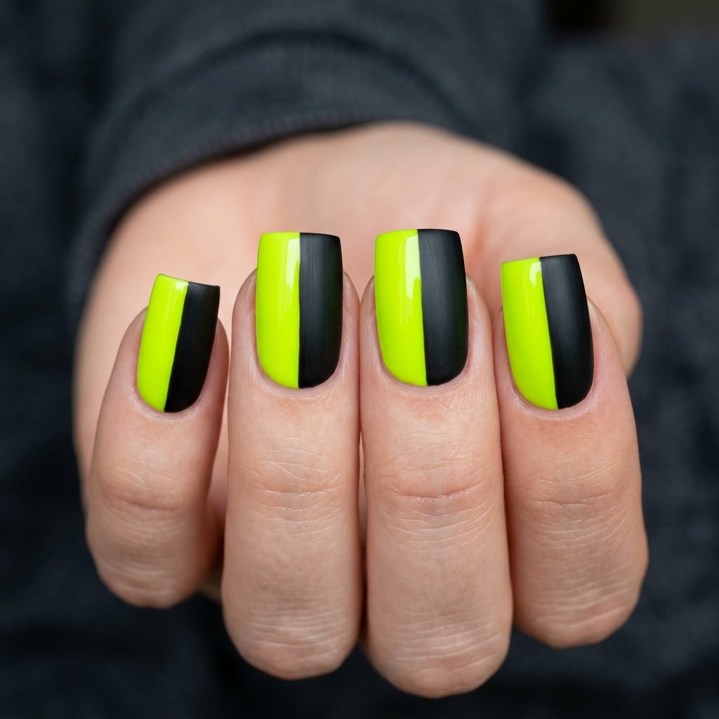 35 Black and Green Nails Ideas: Edgy & Elegant Designs 2026 31 Vertical Split Black and Chartreuse Green Idea