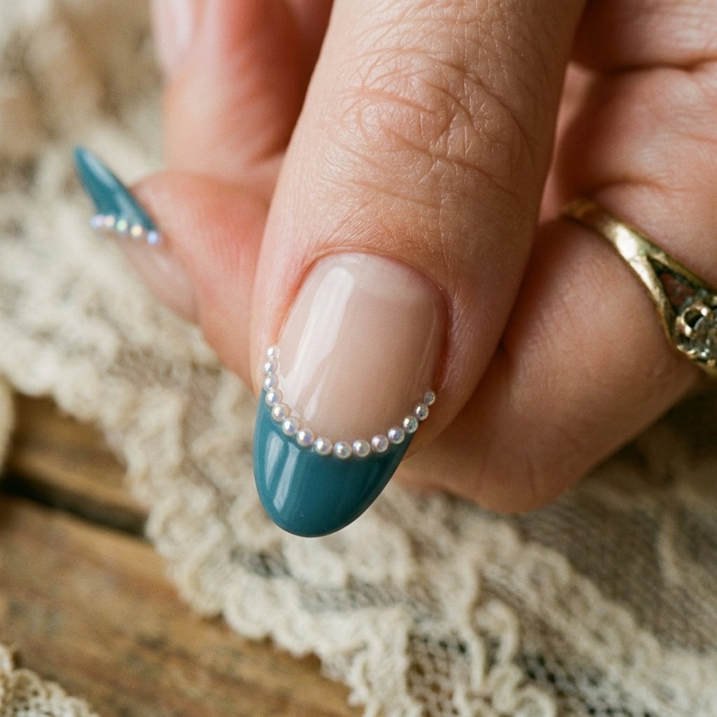 Teal French Tips with Tiny Pearl Placements