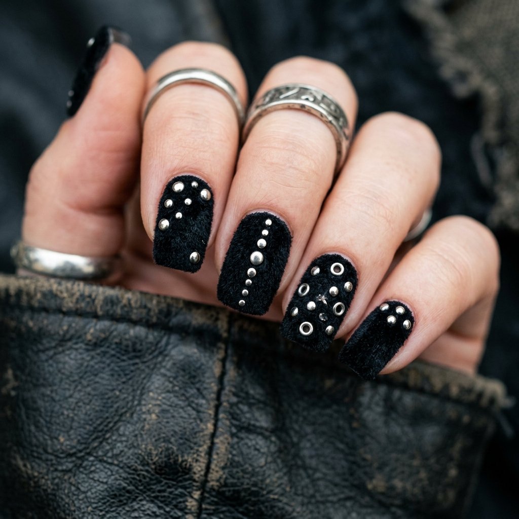 Textured Black Velvet with Silver Studs