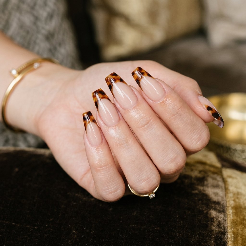 35 Trendy French Tip Coffin Nails Ideas That Elevate Your Style 13 Tortoiseshell Pattern French Tip Coffin Nails
