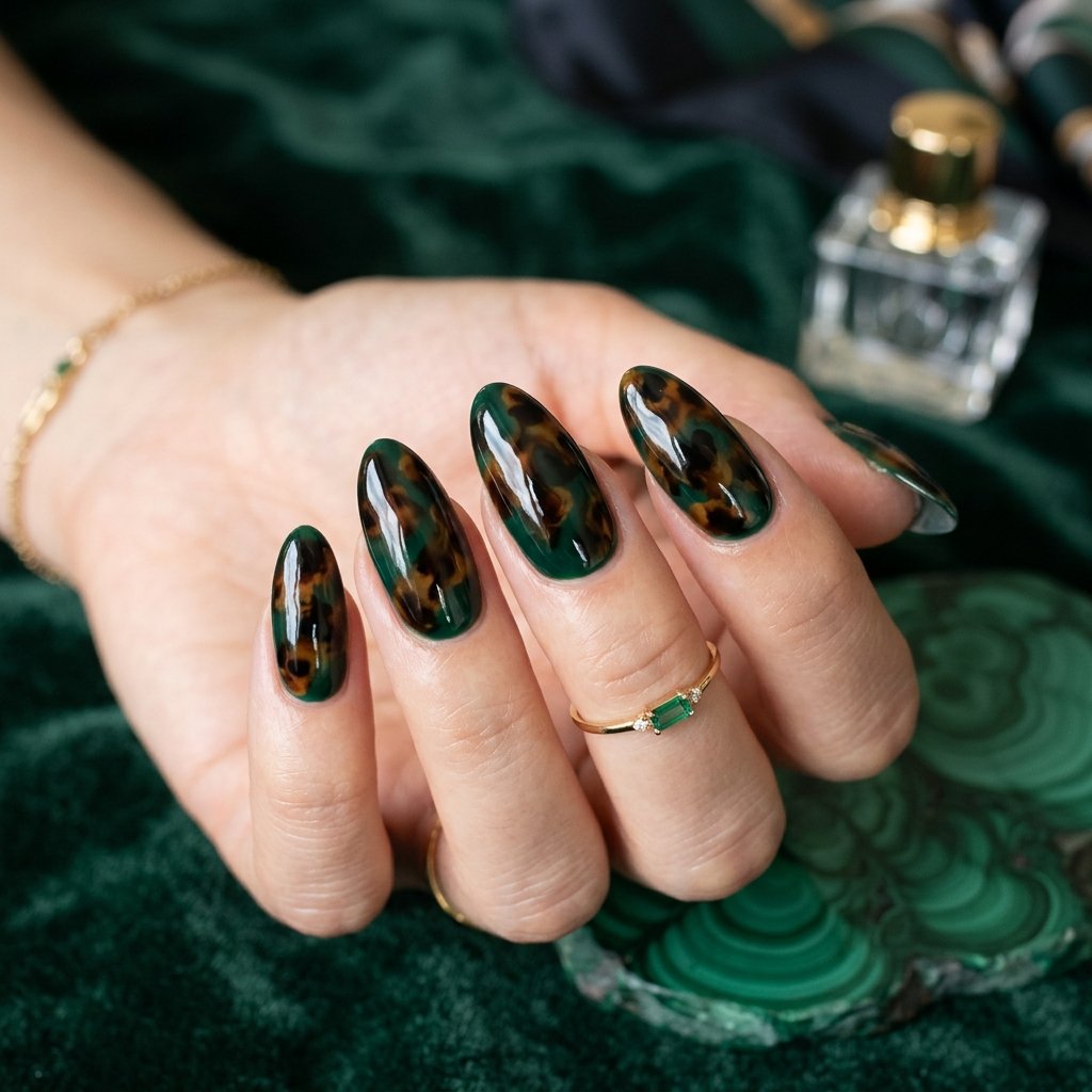 35 Stunning Forest Green Nails Ideas for a Chic Look 2026 17 Tortoiseshell Print Style