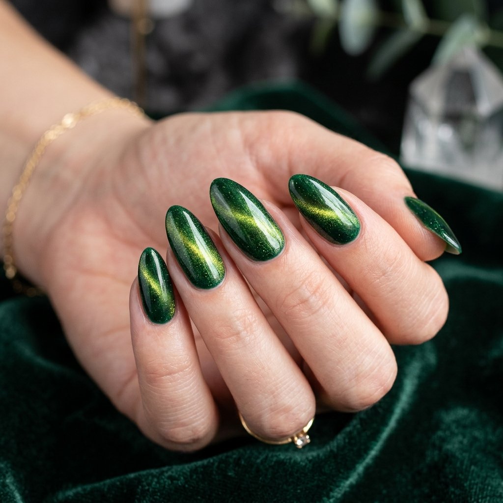35 Best Green Fall Nails Ideas for Modern Autumn Style 13 Velvet Magnetic Polish