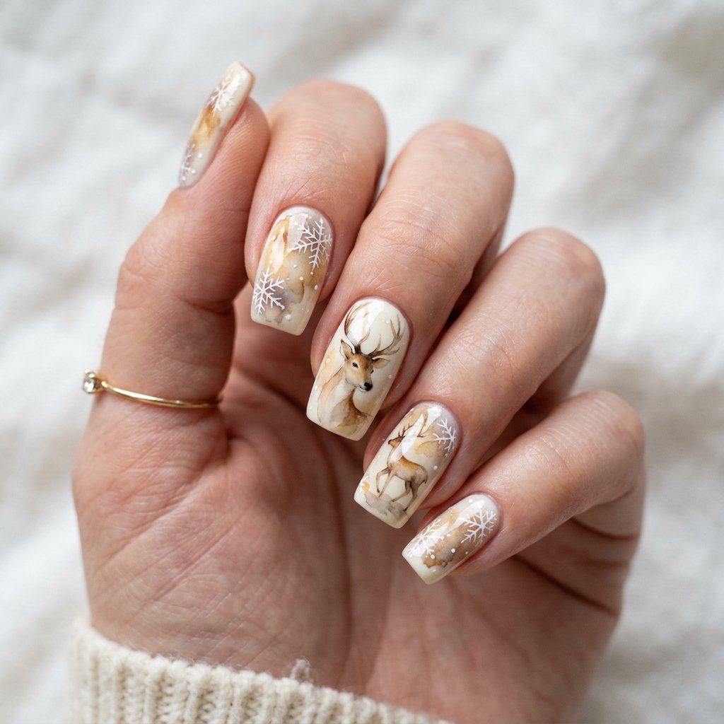 25 Reindeer Nails Ideas That Will Make Your Holiday Manicure Truly Magical 12 Watercolor Reindeer Nail Art