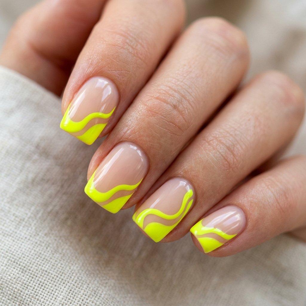 35 Fresh neon yellow nails Ideas for Your Summer Wardrobe 34 Wave Accents Square Nails Idea
