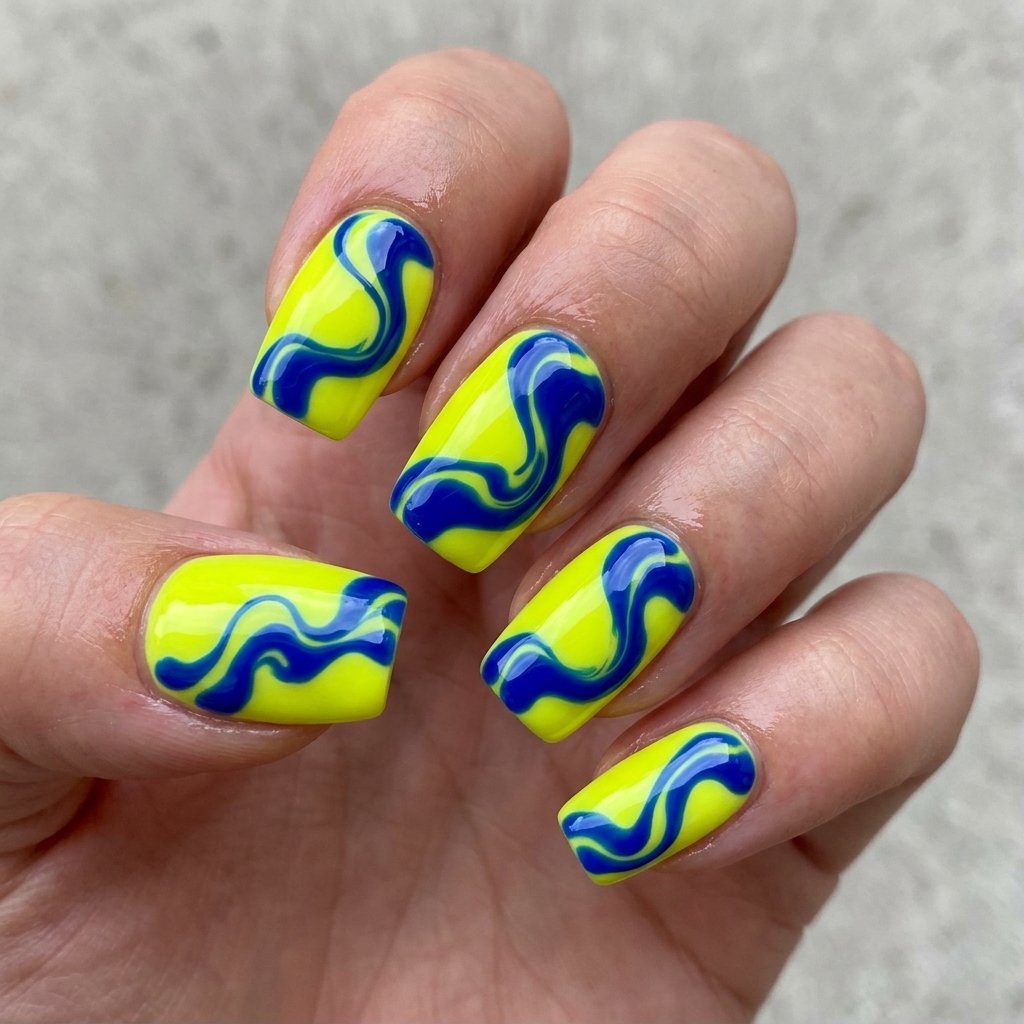 35 Fresh neon yellow nails Ideas for Your Summer Wardrobe 22 Royal Blue Waves Idea