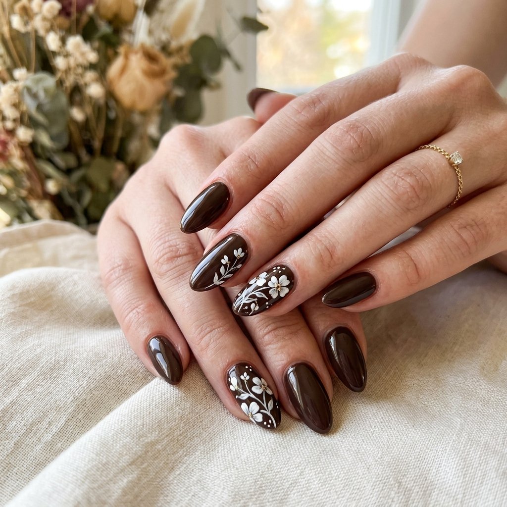 35 Trendy Brown and White Nails Ideas for a Flawless Manicure 2026 3 White Floral Accent on Brown Base