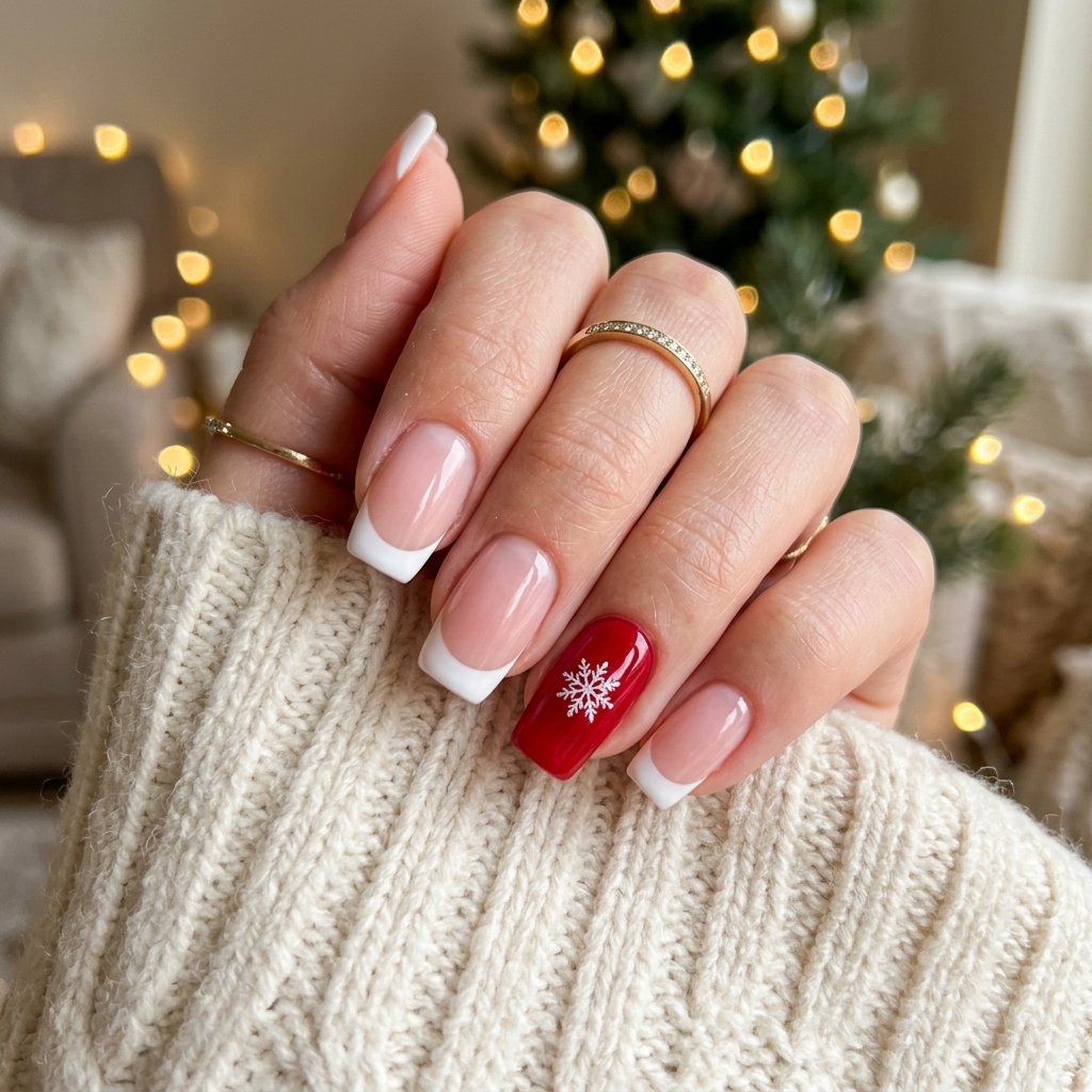 35 Red and White Christmas Nails Ideas to Inspire Your Holiday Look 6 White French Tip with Red Accent Nails