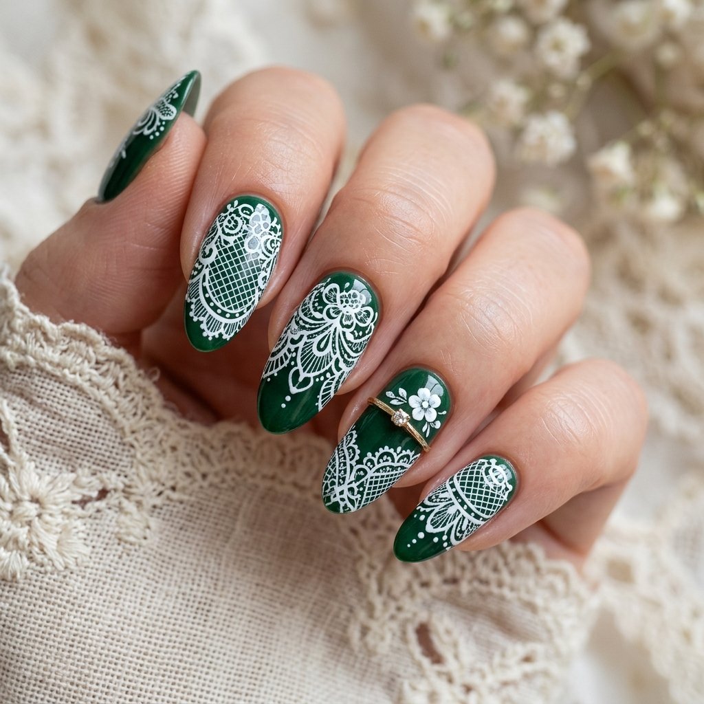 35 Stunning Forest Green Nails Ideas for a Chic Look 2026 12 White Lace Detail