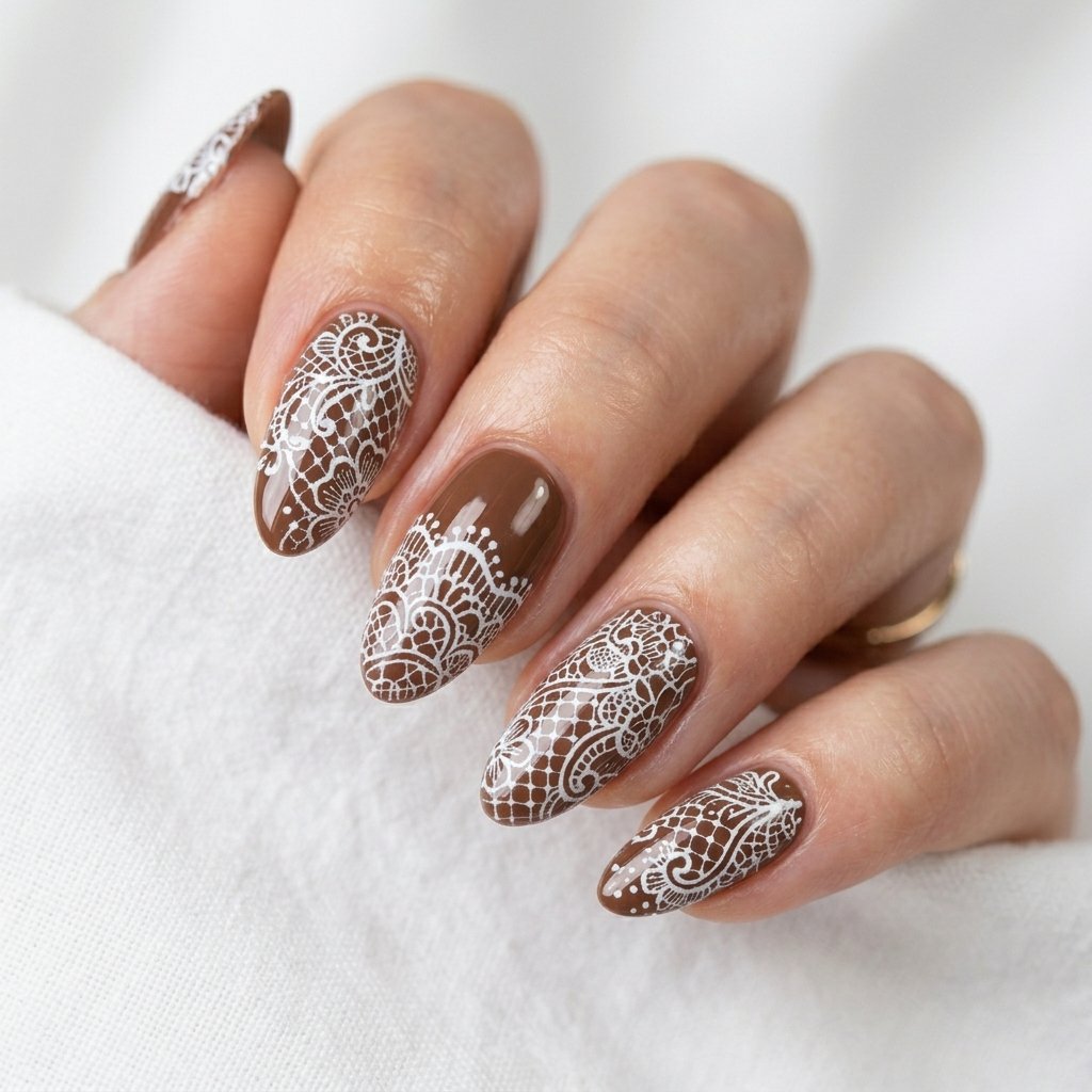 35 Trendy Brown and White Nails Ideas for a Flawless Manicure 2026 24 White Lace Pattern Over Brown Base Nails