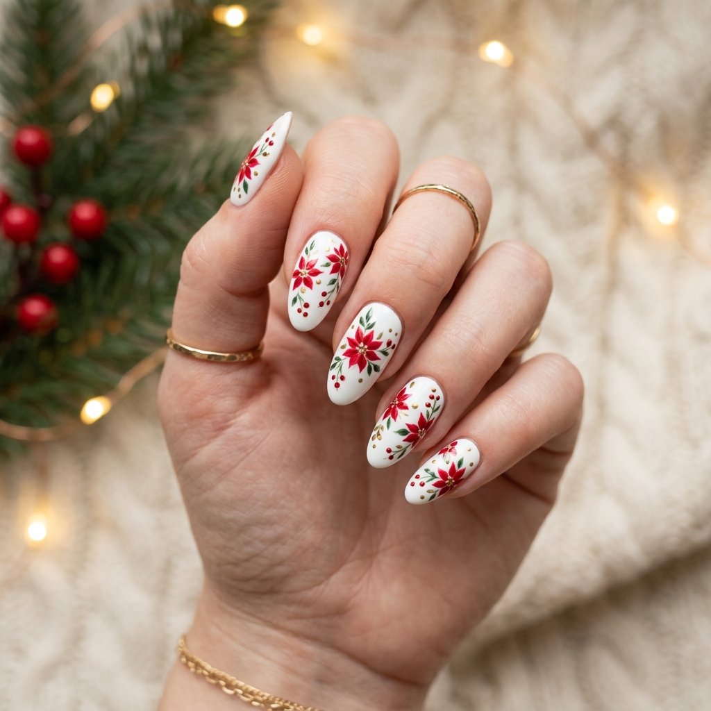35 Red and White Christmas Nails Ideas to Inspire Your Holiday Look 22 White Base with Red Floral Christmas Nails