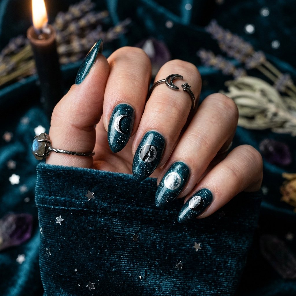 34 Best Dark Teal Nails Ideas: Elegant Colors to Try Now 17 Witchy Moon Phase Silhouette